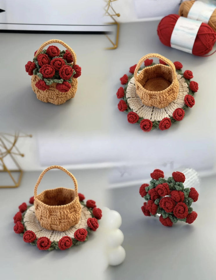 Rose Coaster & Flower Basket Crochet Pattern (5 Languages) - My Crafty