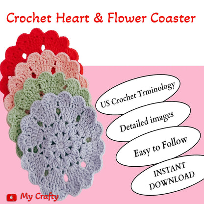 Crochet Heart & Flower Coaster Pattern Easy DIY House Decor - My Crafty