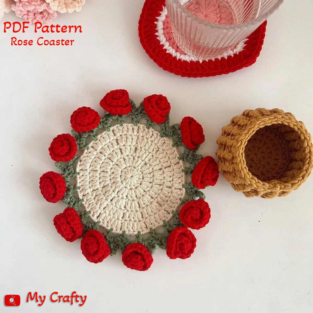 Rose Coaster & Flower Basket Crochet Pattern 5 languages - My Crafty