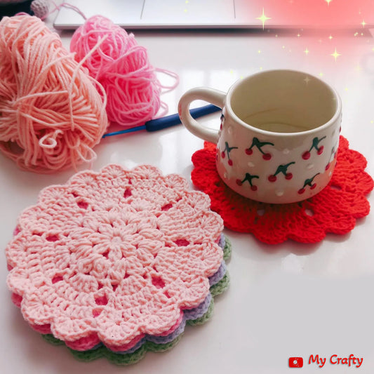 Crochet Heart & Flower Coaster Pattern Easy DIY House Decor - My Crafty